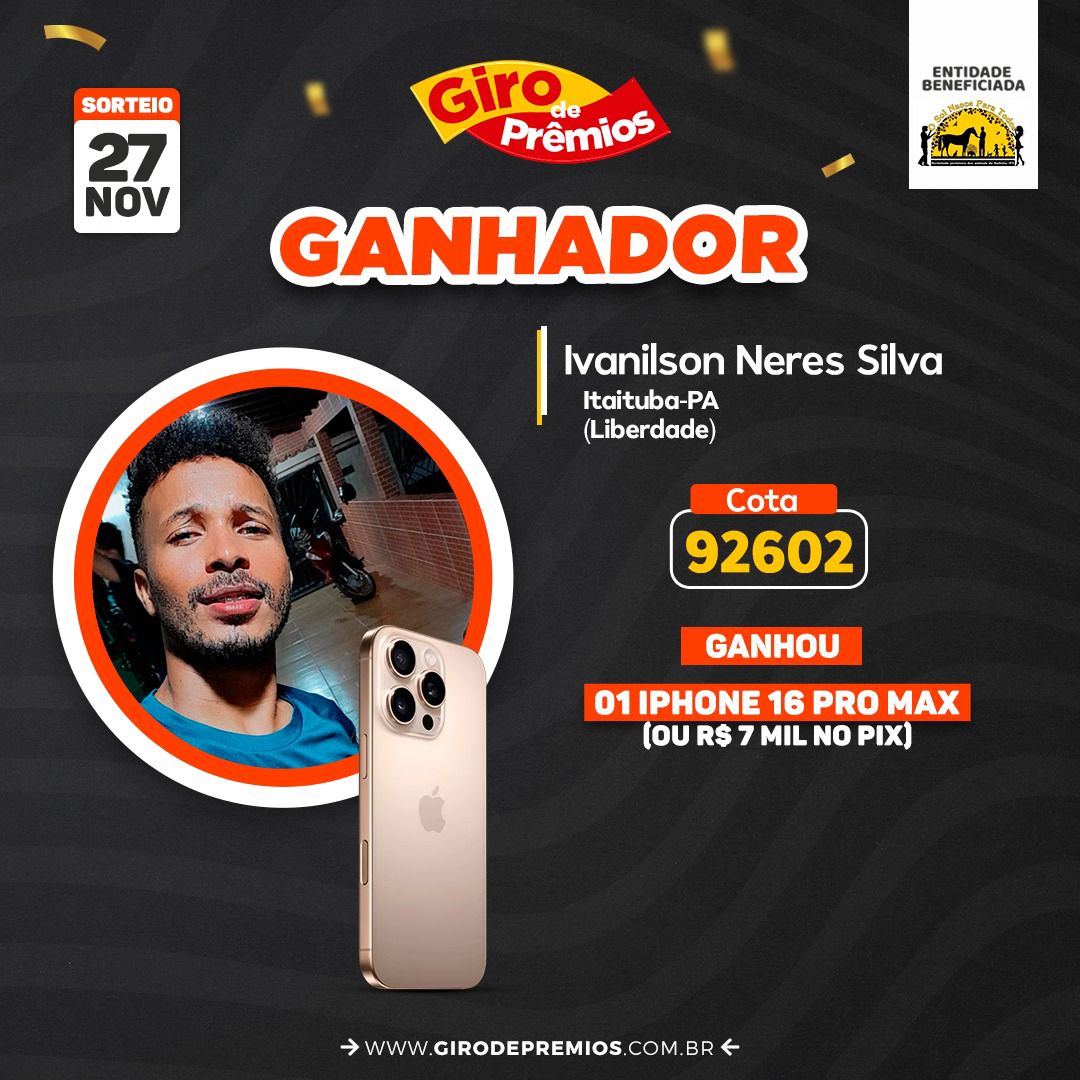Concorra a 01 IPhone 16 Pro Max ou R$ 7 mil + R$ 3 mil